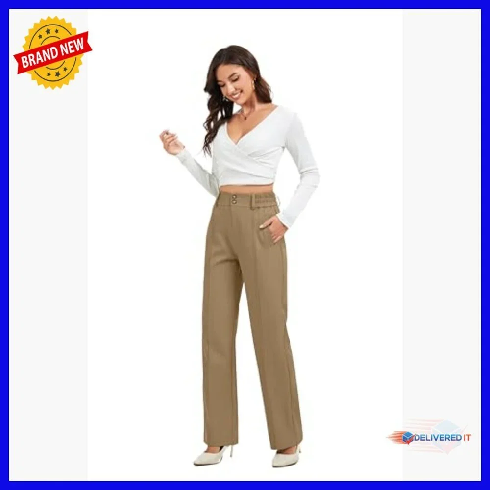 High Waist Wide Leg Straight Pants Elastic Waist Business Casual Trousers